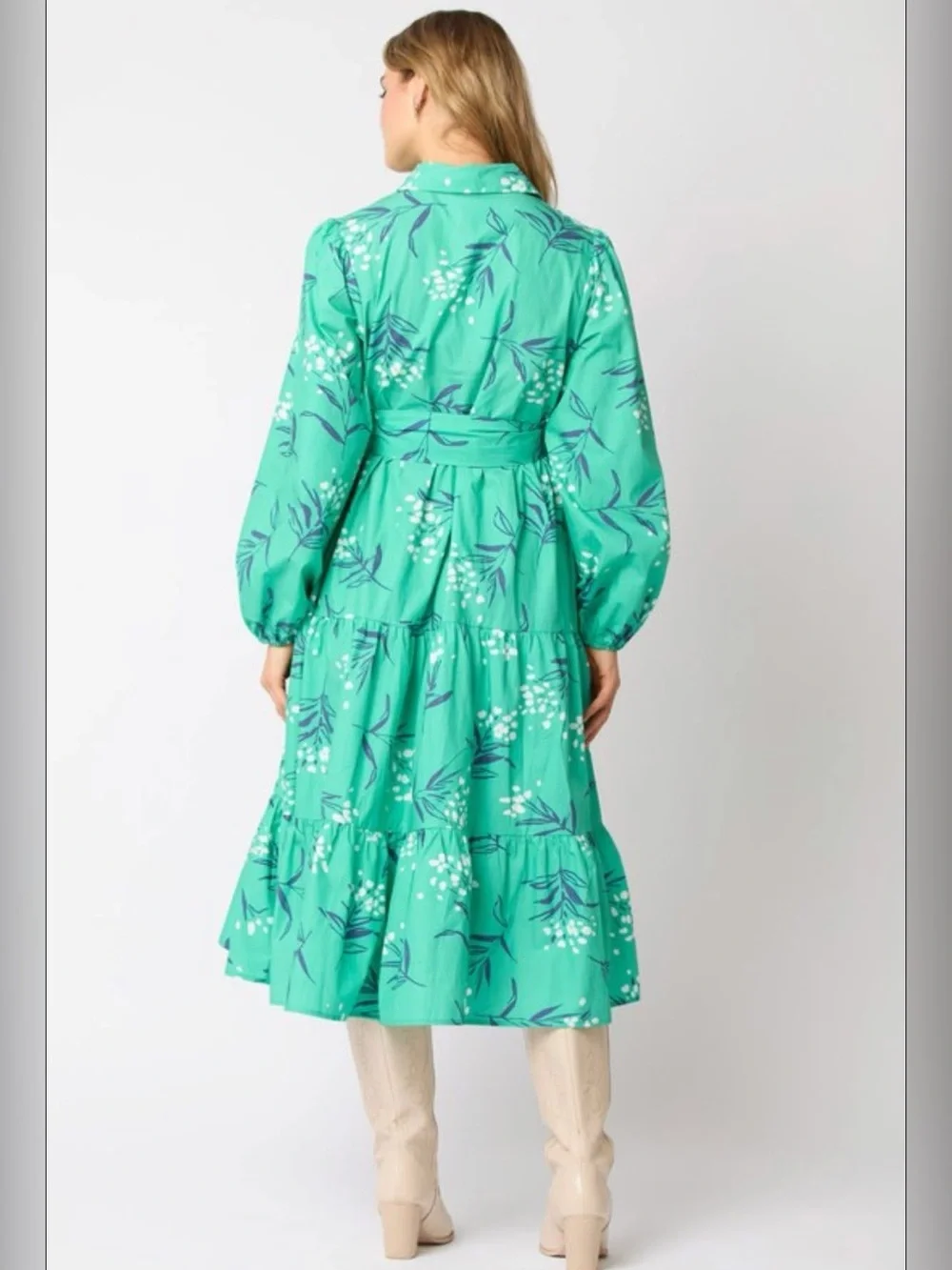 Fantastic Fawn Melinda Teal Floral Midi Dress 100% Cotton Belted Shirt Dress L - Picture 2 of 11